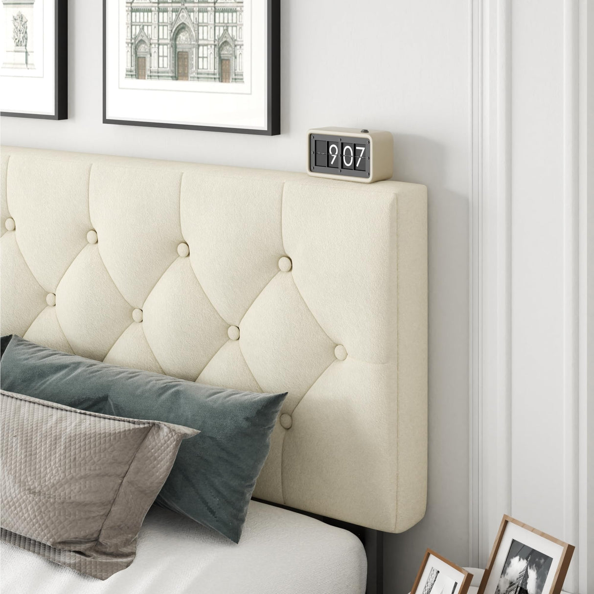 CXVX King Size Bed Frame with Upholstered Headboard, Button Tufted Design, Strong Wooden Slats, No Box Spring Needed, Easy Assembly, Noise Free CXVX