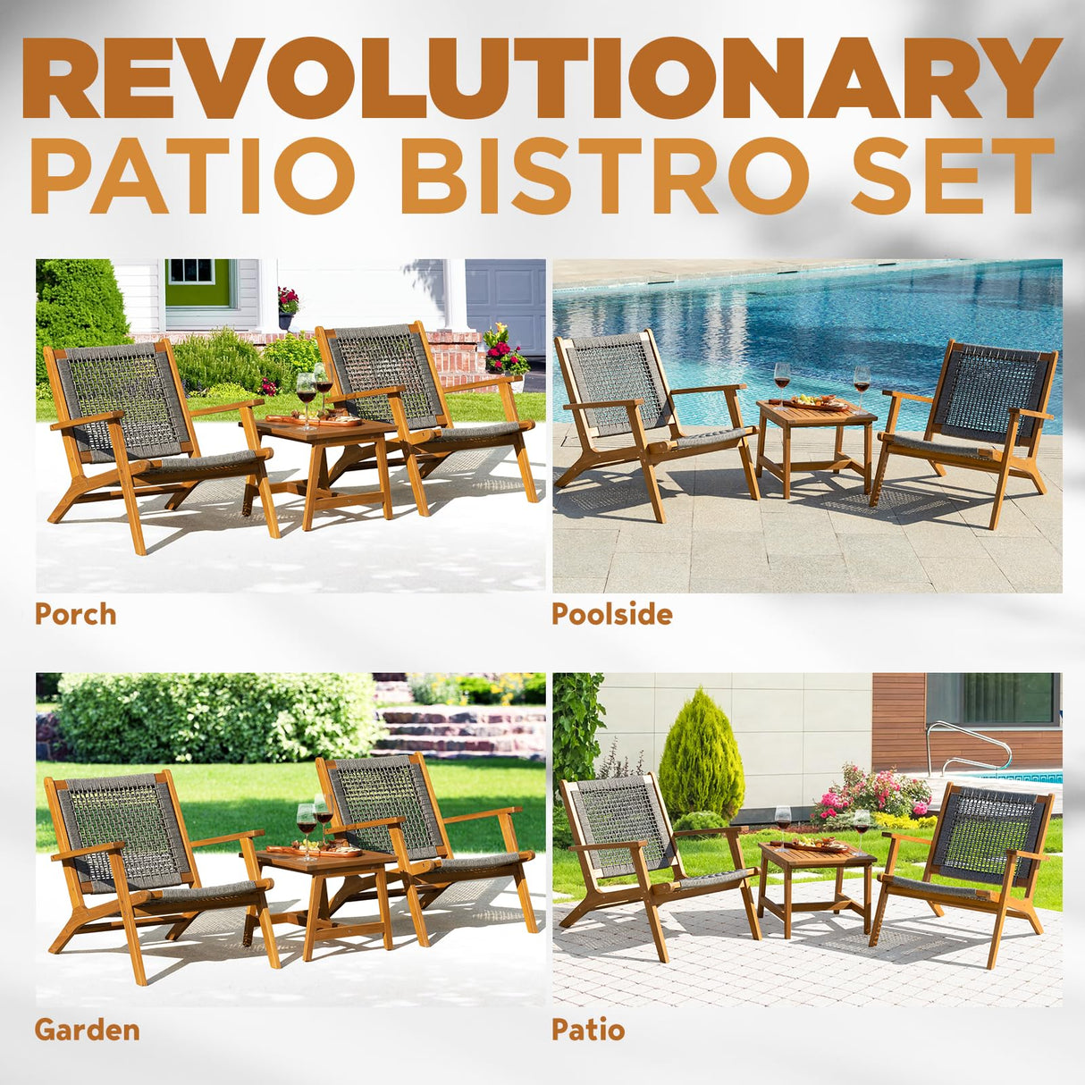 Idzo Solid Wood Rope Bistro Set of 3, Reclining Set 3 IDZO