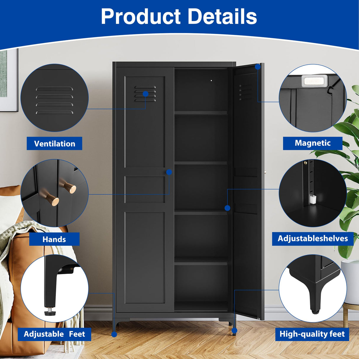 BYNSOE Kitchen Pantry Storage Cabinet with Adjustable Shelves Metal Cupboard Storage Cabinet with Adjustable Feet Pantry Cabinet for Kitchen, Living Room Dinning Room Bathroom. (Black, 61 inch) BYNSOE