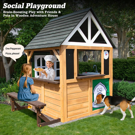 YOFE Kids Playhouse Outdoor, Wooden Play House Playset with Kitchen, Fence, Bench, Dog Door, Doorbell & Flower Pot,Fun Backyard Cottage for Ages 3-8 (Green) YOFE