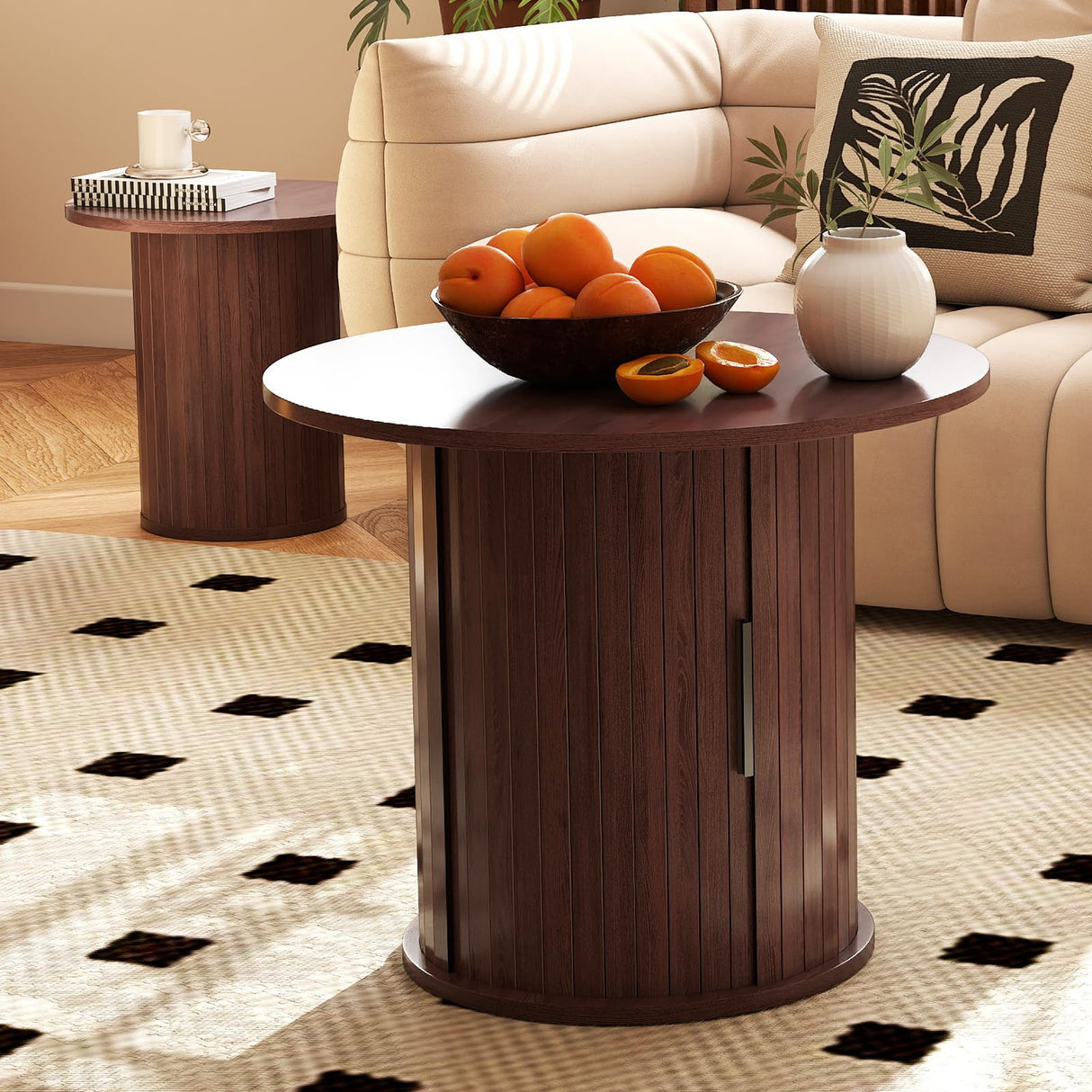 COSVALVE Nesting Coffee Table Set of 2 with Hidden Storage & Sliding Door, 23.6“ Circle Wood Coffee Table, Farmhouse Side & End Table Sets for Living Room, Small Spaces, Walnut COSVALVE