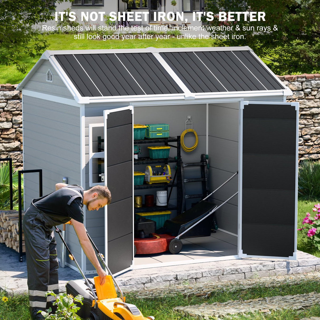 CDCASA 8x6X7 FT Resin Shed, Waterproof Large Outdoor Storage Shed with Floor & Lockable Door & 2 Windows, Plastic Tool Shed for Outside, Backyard, Patio, Poolside, Bike, Grey CDCASA