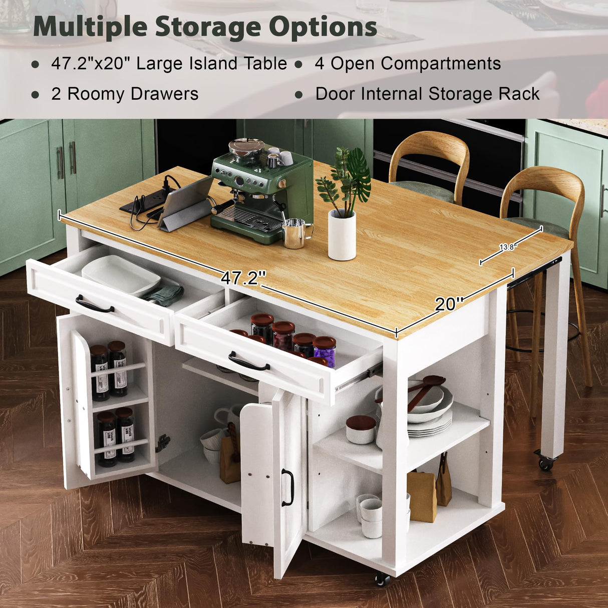Merax Kitchen Island on Wheels with Extendable Dining Table & Power Outlet, Wood Kitchen Rolling Cart with Internal Storage Rack, 2 Drawers & 2 Cabinets, 47" Wide White Merax