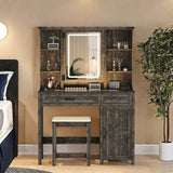 ChicFurnit Farmhouse Makeup Vanity,Vanity Desk with Glass Tabletop & 3 in 1 Charging Station,40'' Vanity Set with Human Body Sensing LED Lights & Hidden Jewelry Cabinet,Stool Included, Vintage Brown ChicFurnit