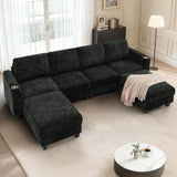 Lesofair 110" Chenille Sectional Sofa with Movable Ottomans, Modular U-Shape Couch with Cup Holders, Convertible 4 Seater Sofa with Well-Filled Backrest Cushions for Living Room, House, Black Lesofair