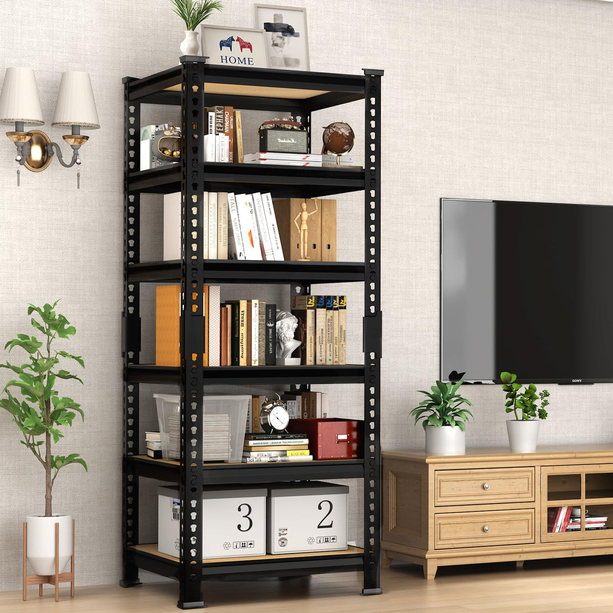 PrimeZone 6-Tier Adjustable Tall Book Shelf - Narrow Bookcase for Small Space, Open Wooden Bookshelf, Display Square Shelf for Living Room, Bedroom, Sturdy, Office, 16" W x 16" D x 72" H, Black PrimeZone