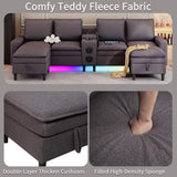 HYZQ Sectional Couches for Living Room, 4 Seat Sectional Sofa with Smart Module-Bluetooth Speaker/RGB Light/Charging Station, Teddy Fleece U Shaped Cloud Couch with Storage Ottoman (Dark Grey) HYZQ