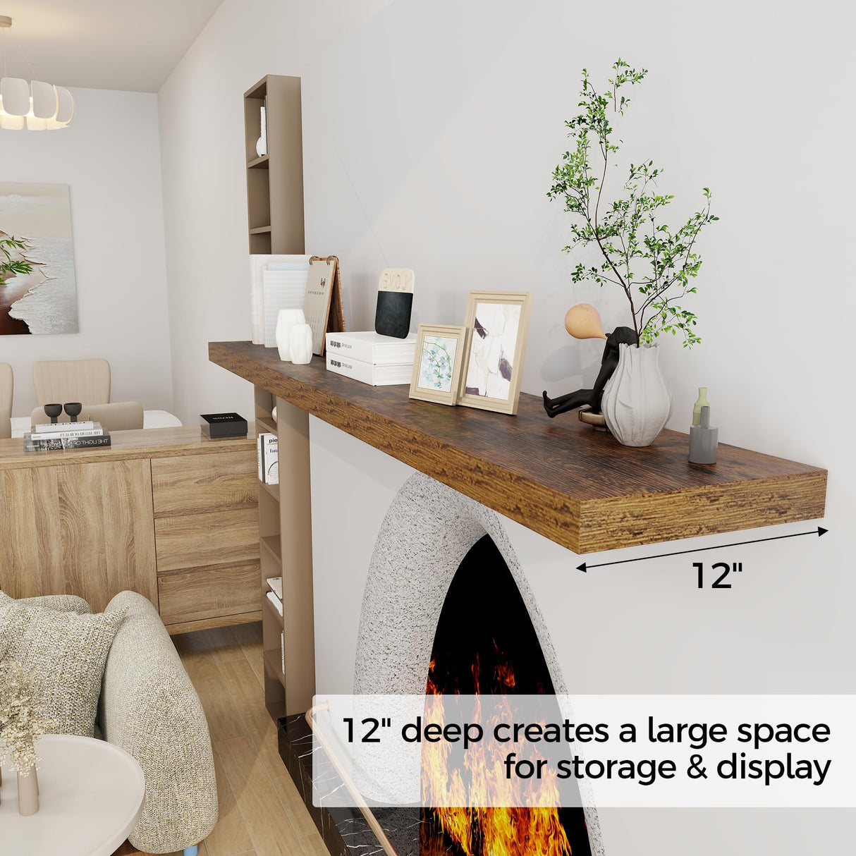 Fun Memories 72 Inch Floating Shelf, 12 Inch Deep Wall Shelf for Fireplace Mantel, Deep Storage Shelves for Home & Office, Wall Shelves with Invisible Bracket, Rustic Brown, Set of 1 Fun Memories