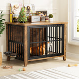 Lulive Dog Crate Furniture, Wooden Dog Kennel Indoor with Adjustable 360°& Height Dog Bowls, Double Doors Furniture Dog Crates End Table for Small/Medium 31.5" L*22.5" W*25.6" H, Brown Lulive