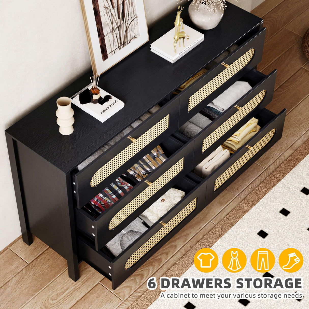 DWVO Natural Rattan 6 Drawer Dresser-Wooden Black Boho Double Dresser Chest of Drawers with Golden Handles-Modern Large Closet Dressers Storage Cabinet for Living Room/Hallway/Entryway DWVO