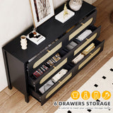 DWVO Natural Rattan 6 Drawer Dresser-Wooden Black Boho Double Dresser Chest of Drawers with Golden Handles-Modern Large Closet Dressers Storage Cabinet for Living Room/Hallway/Entryway DWVO