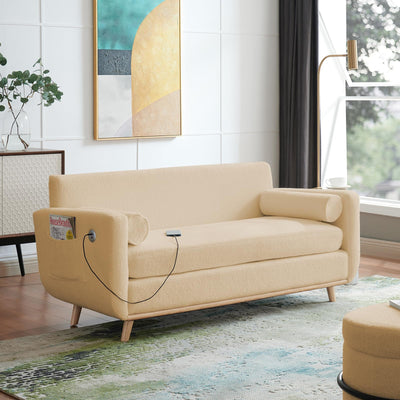 63" W Loveseat Sofa,Beige Boucle Couch with LED Lights and USB Ports Modern Fluffy Love Seat Couches 2 Seater Comfy All-Wood Washable Covers Sofa Furniture for Bedroom Living Room Small Space Office