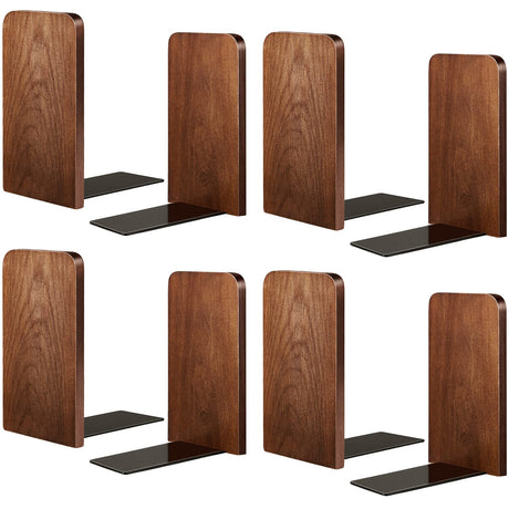 Eaasty 4 Pairs Wood Book Ends Walnut Bookends 5.2 x 3.2 x 4.2 Inches Sturdy Book Stoppers Book Holder Office Desk Decor Wood Desk Accessories Large Office Book Stand for Books, Decorative Book Shelf Eaasty