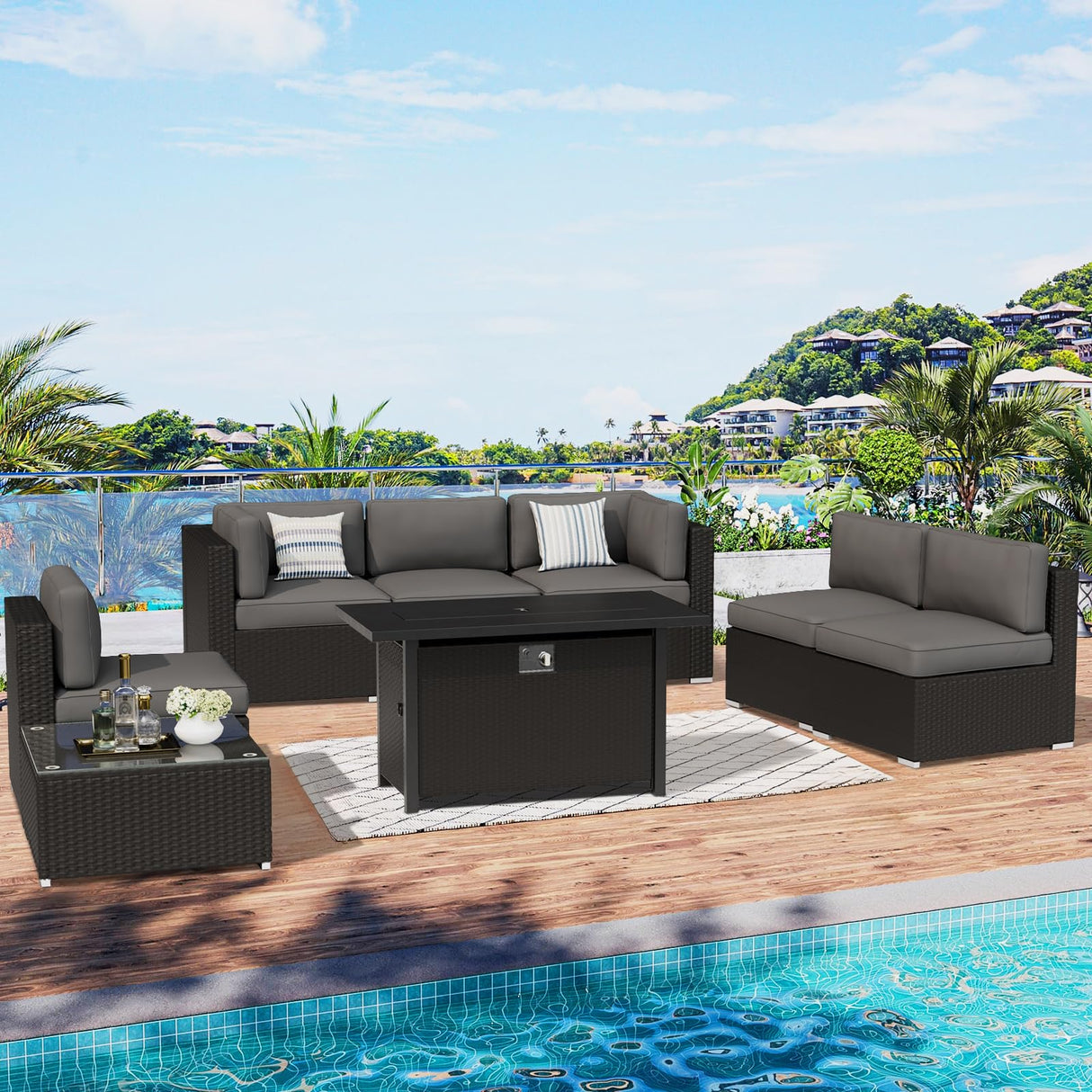 SUNCROWN 7-Piece Outdoor Patio Furniture Sofa Set All-Weather Wicker Sectional Conversation Set with Modern Glass Coffee Table, Cushions and Fire Pit Table (Grey) SUNCROWN