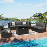 SUNCROWN 7-Piece Outdoor Patio Furniture Sofa Set All-Weather Wicker Sectional Conversation Set with Modern Glass Coffee Table, Cushions and Fire Pit Table (Grey) SUNCROWN