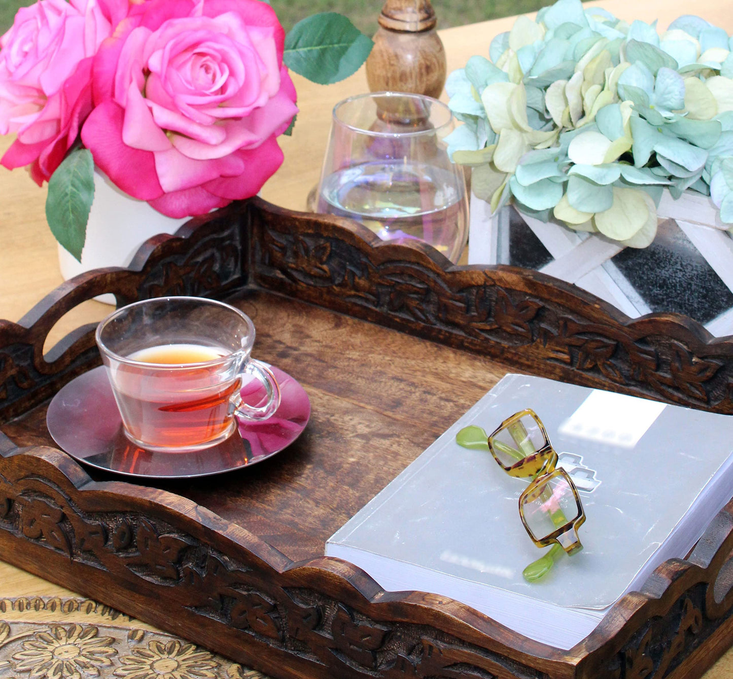 Hand Carved Wooden Serving Tray - Decorative Breakfast Tray with Handles - Rustic Wooden Food Tray with Intricate Detail - Unique Furnishing Accent - Natural Finish - 17 x 13 x 2.5 Inch - COTTON CRAFT