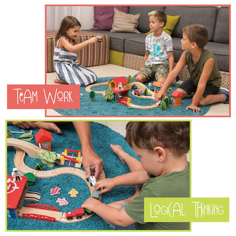 KipiPol Train Set - 69 Pieces Wooden Train Tracks & Trains for Kids, Toddler Boys and Girls 3,4,5 Years Old and Up– Premium Wood Construction Toys -Fits Thomas, Brio, IKEA, Melissa and Doug Kipipol