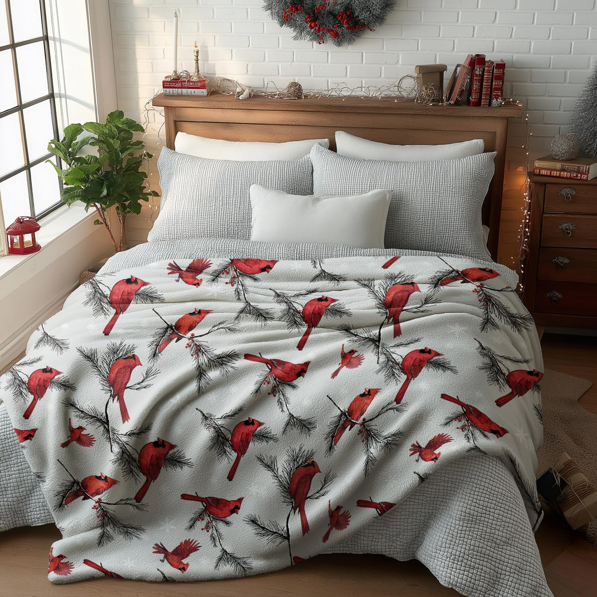 Horaldaily Christmas Flannel Blanket Throw, Cardinal Bird Pine Cone Soft Fuzzy Plush Cozy Fleece Blankets for Couch Sofa Bed Lounging, Ideal Gifts for Kids Adults Wife Self, 50x60 Horaldaily
