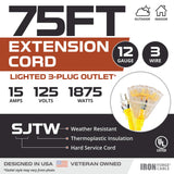 IRON FORGE CABLE 75 Foot Lighted Outdoor Extension Cord with 3 Electrical Power Outlets - 12/3 SJTW Heavy Duty Yellow Extension Cable with 3 Prong Grounded Plug for Safety, 15 AMP Iron Forge Cable