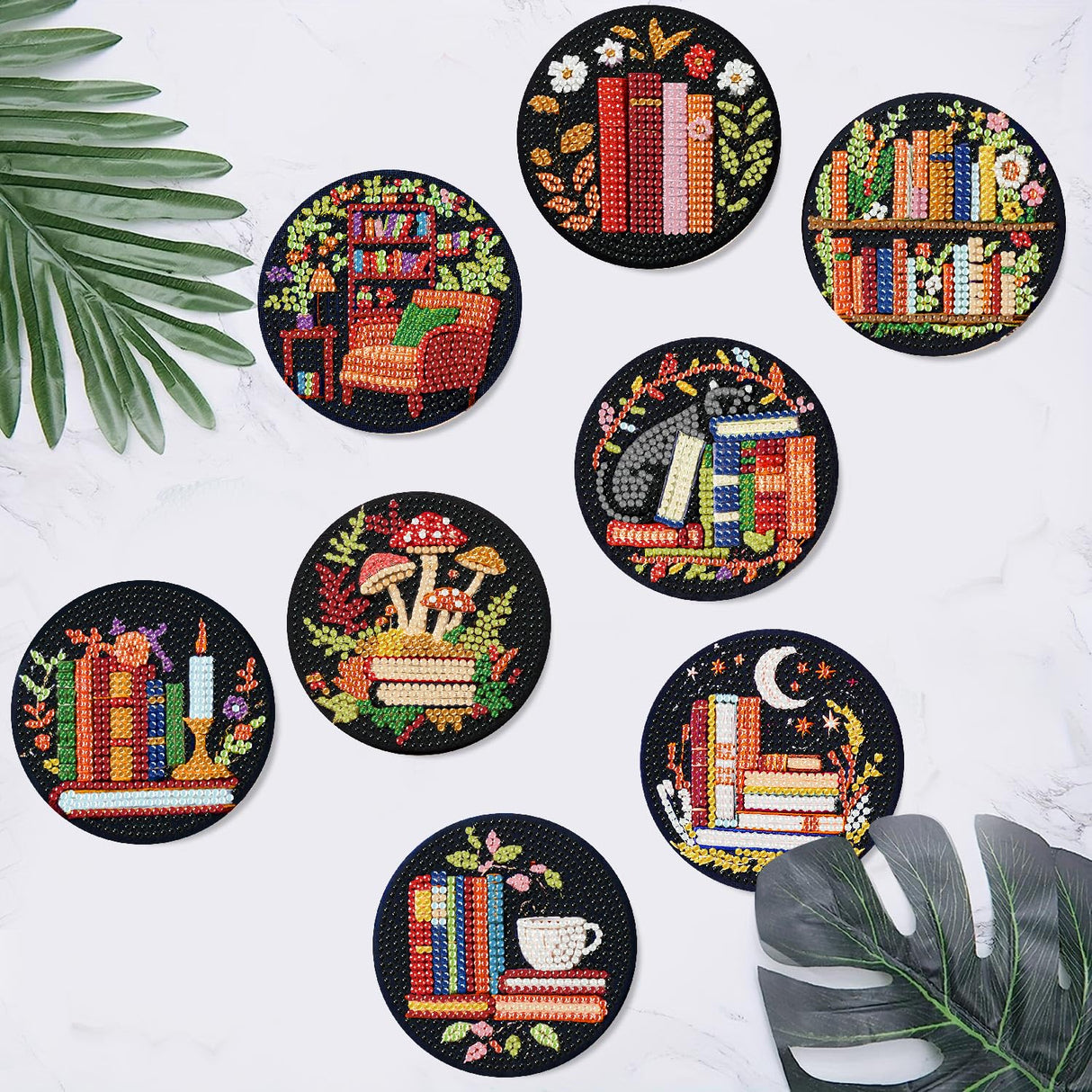 8 Pcs Bookshelf Diamond Art Coasters Kit - DIY 5D Small Diamond Painting Coasters with Holder, Mini Diamonds Arts Kits for Adults Coaster, Gem Art Arts and Crafts for Adults Clendo