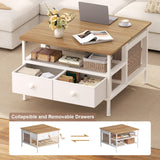 FABATO Lift Top Coffee Table, Square Coffee Table Metal Wood, Farmhouse Lift Up Coffee Table Cocktail Table with Wire Mesh Barn Door and Storage, Steel Frame, Small Tea Table for Living Room, White FABATO