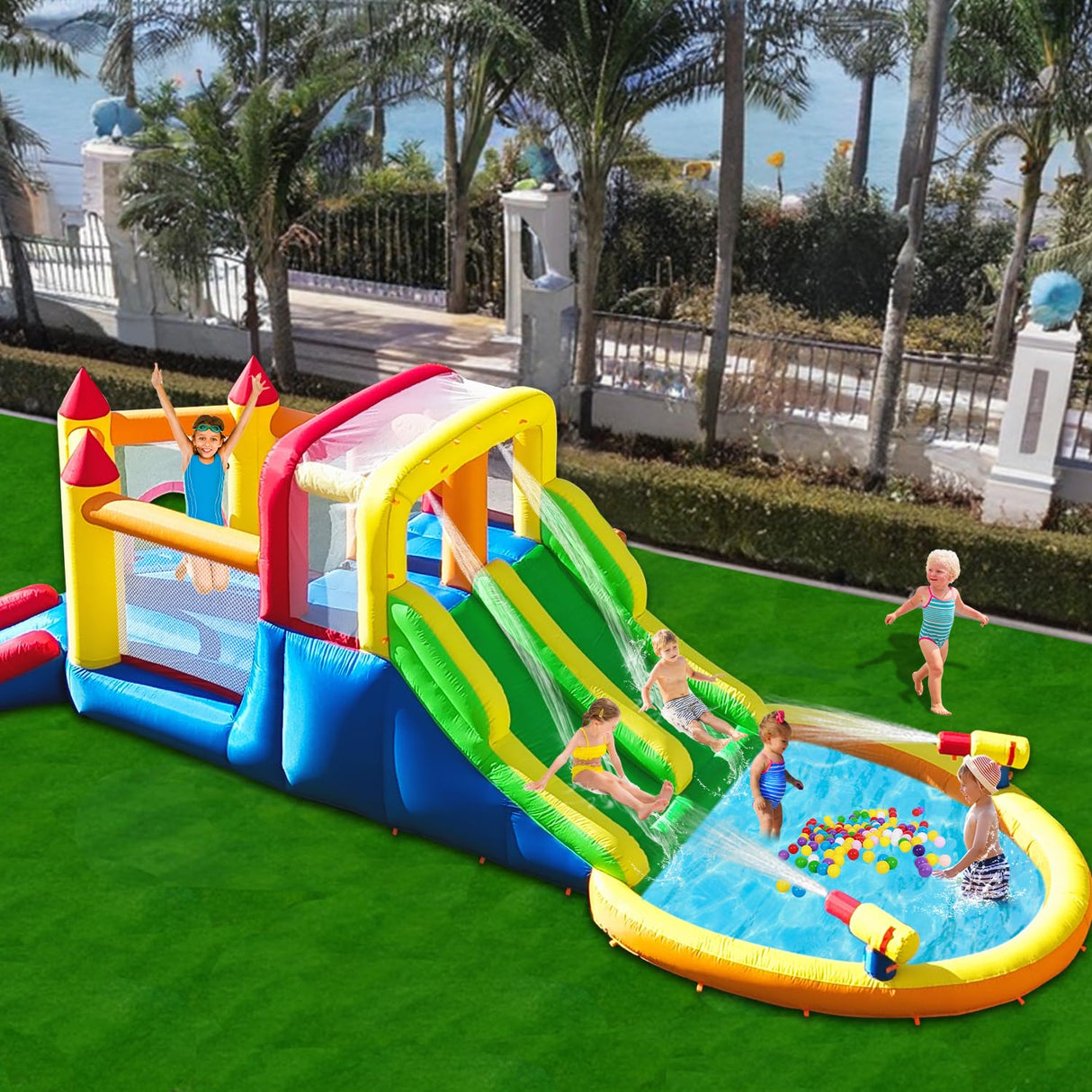 Umbalir InfIatable Bonuce House with 4 Slides & Large Splash Pool, Water Park with Ultra-Wide Climbing Wall, Jumping, Water Cannons & Surprise Water Sprayers for 3-10 yr Kids(20.6'Lx9.6'Wx6.4'H) Umbalir