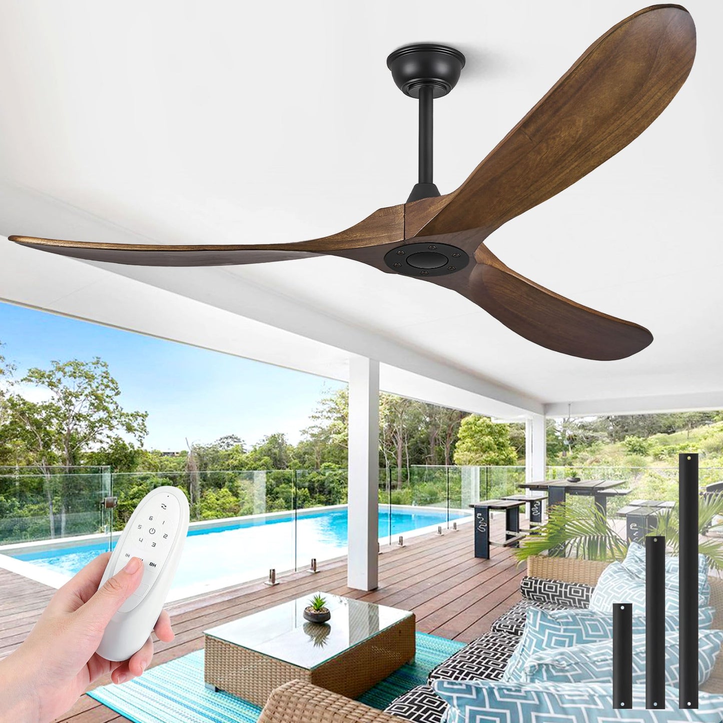 Haipeel 60" Wood Ceiling Fan no Light, 60 Inch Ceiling Fans without Lights with Remote Control, Indoor Outdoor Ceiling Fan no Light for Bedroom Porch Modern Propeller 3 Blade ETL DC Motor, Dark Walnut