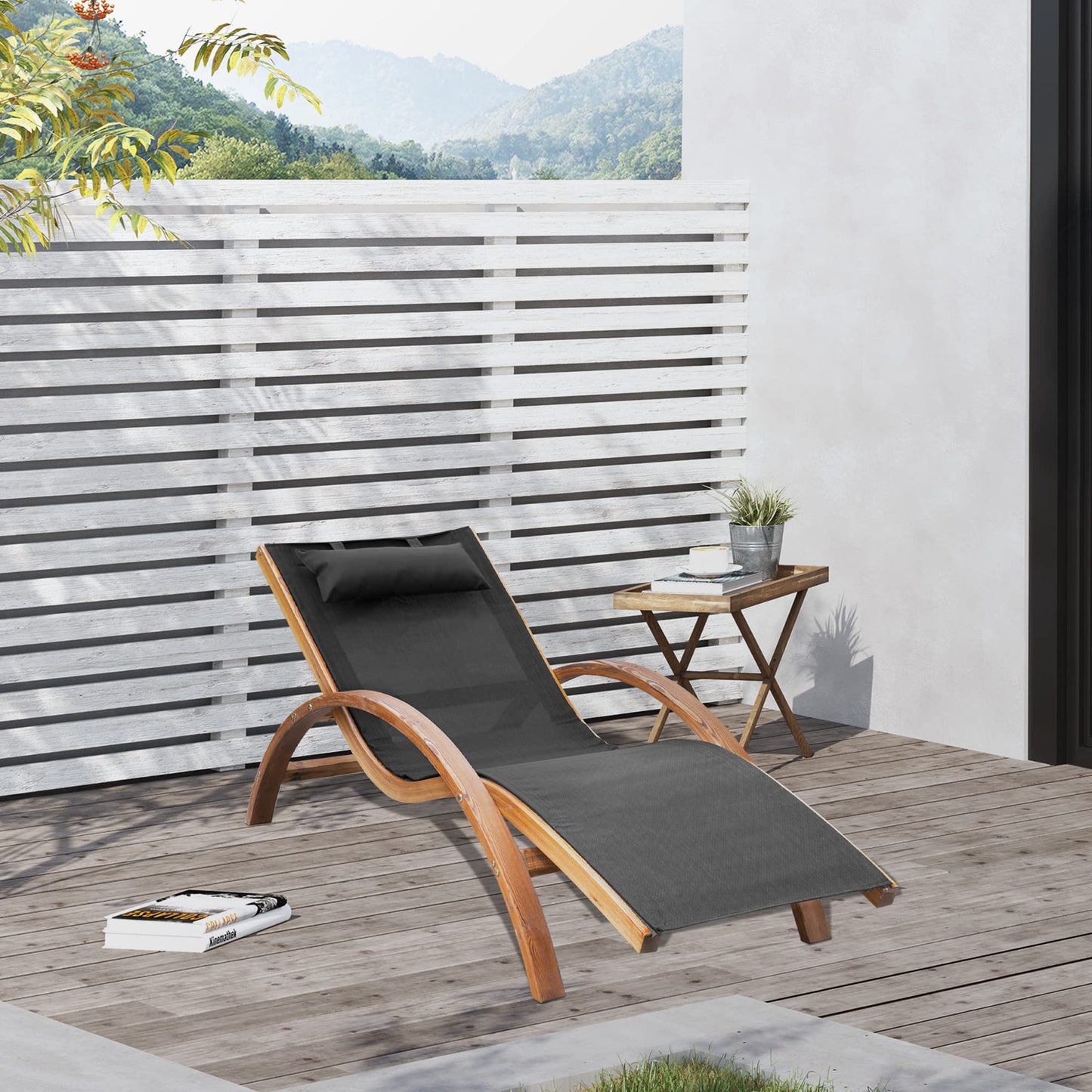 Outsunny Outdoor Chaise Wood Lounge Chair with Pillow, Armrests, Breathable Sling Mesh and Comfortable Curved Design for Patio, Deck, and Poolside - WoodArtSupply