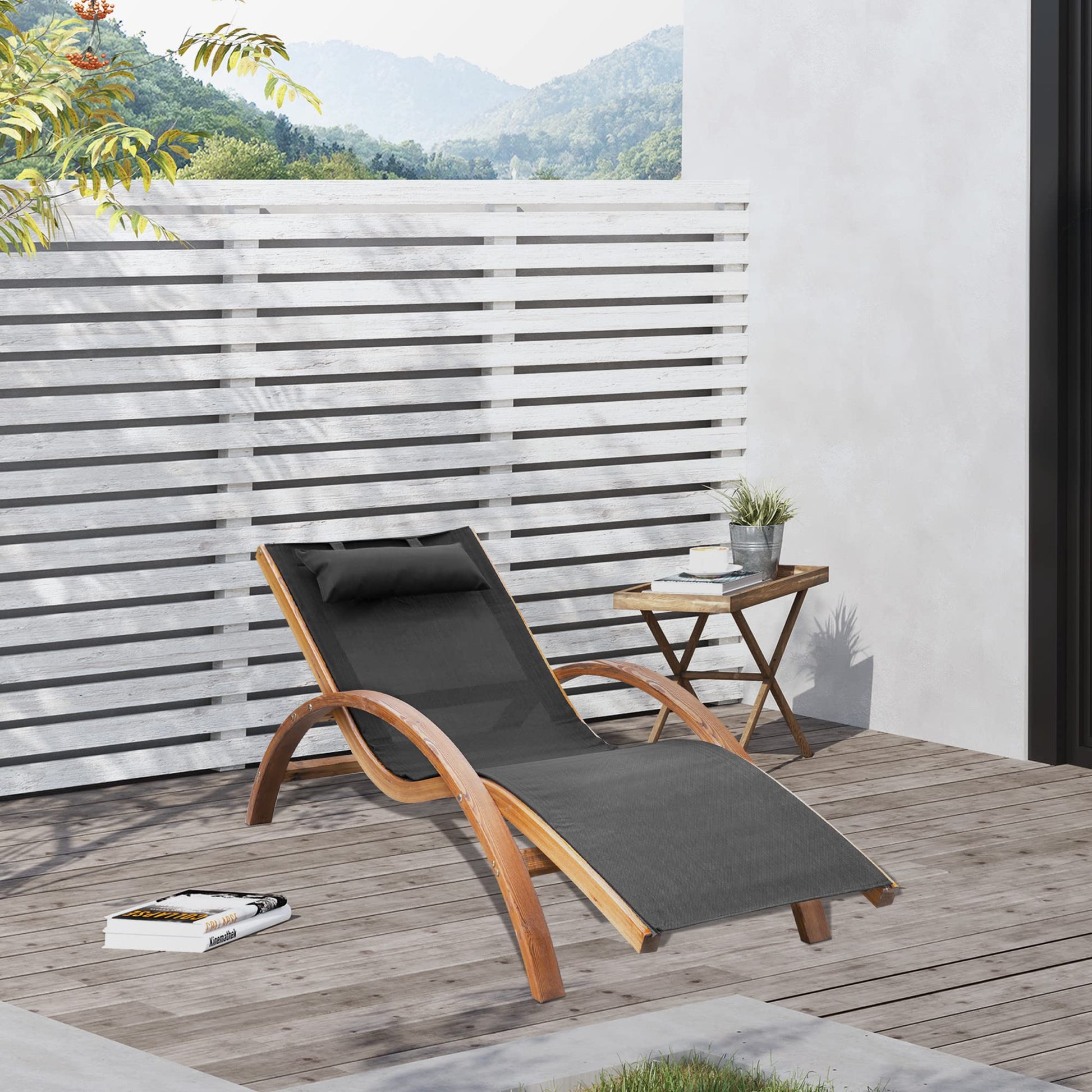 Outsunny Outdoor Chaise Wood Lounge Chair with Pillow, Armrests, Breathable Sling Mesh and Comfortable Curved Design for Patio, Deck, and Poolside - WoodArtSupply