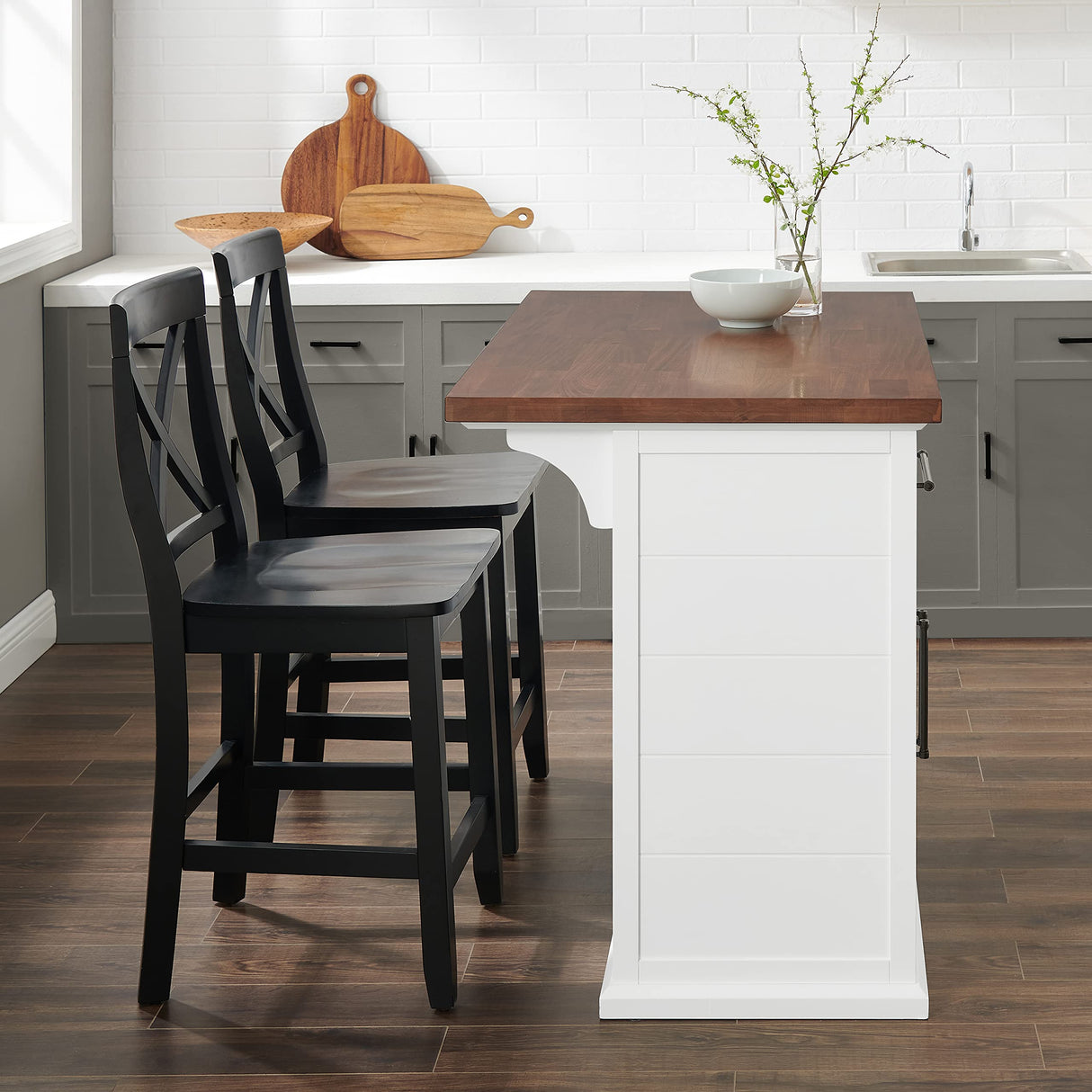 Crosley Furniture Bartlett Kitchen Island with Wood Top and X-Back Stools, White/Black Crosley Furniture