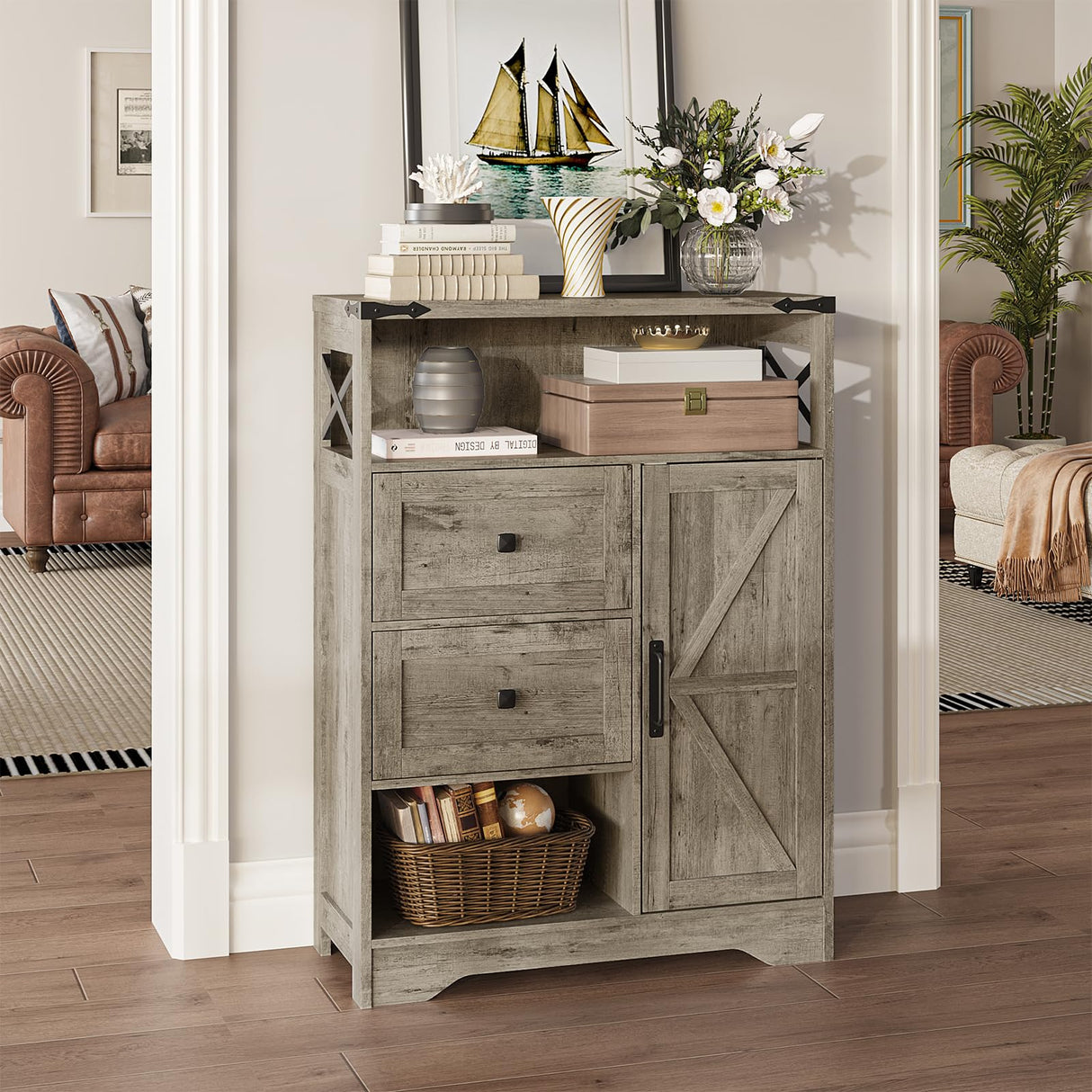 Fameill Farmhouse Storage Cabinet with 2 Drawers&Shelves,Freestanding Storage Cabinet with Doors&Open Storage,Floor Storage Cabinet for Living Room,Bathroom,Kitchen,Laundry,Light Rustic Oak Fameill