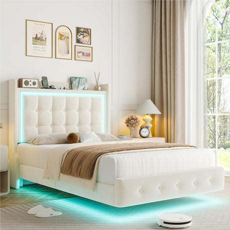 Keyluv Beige Upholstered Twin Floating Bed Frame with RGB LED Lights and Charging Station Keyluv