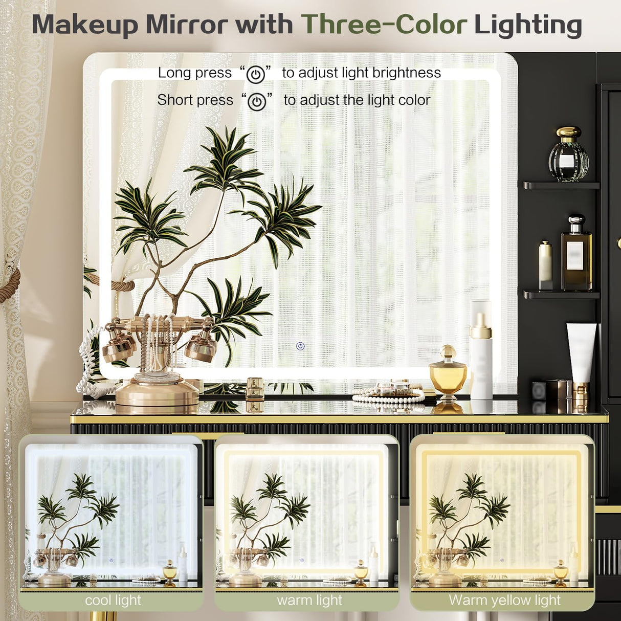 Chrangmay 47.24" Big Modern Vanity Desk with Mirror and Lights,Makeup Vanity Desk with 5 Drawers and Storage Shelves & Power Outlet,Dressing Table with Glass Top, Black Chrangmay