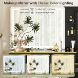 Chrangmay 47.24" Big Modern Vanity Desk with Mirror and Lights,Makeup Vanity Desk with 5 Drawers and Storage Shelves & Power Outlet,Dressing Table with Glass Top, Black Chrangmay