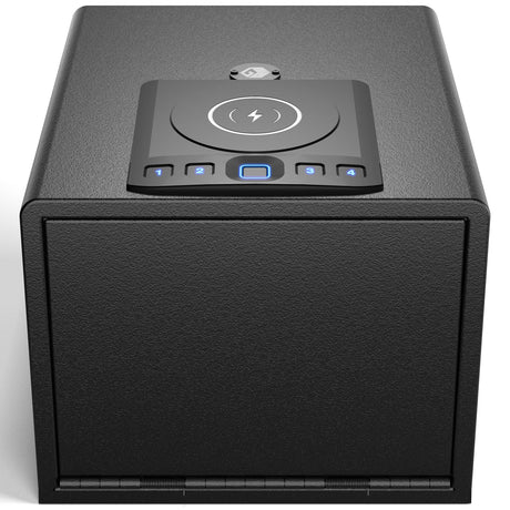 Grimtron Biometric Gun Safe for Handgun with Wireless Charging,Pistol Safe Quick Access Auto Open, Silent Mode and Adapter Nightstand Pistol-Safe up to 4 pstols (Black) Grimtron
