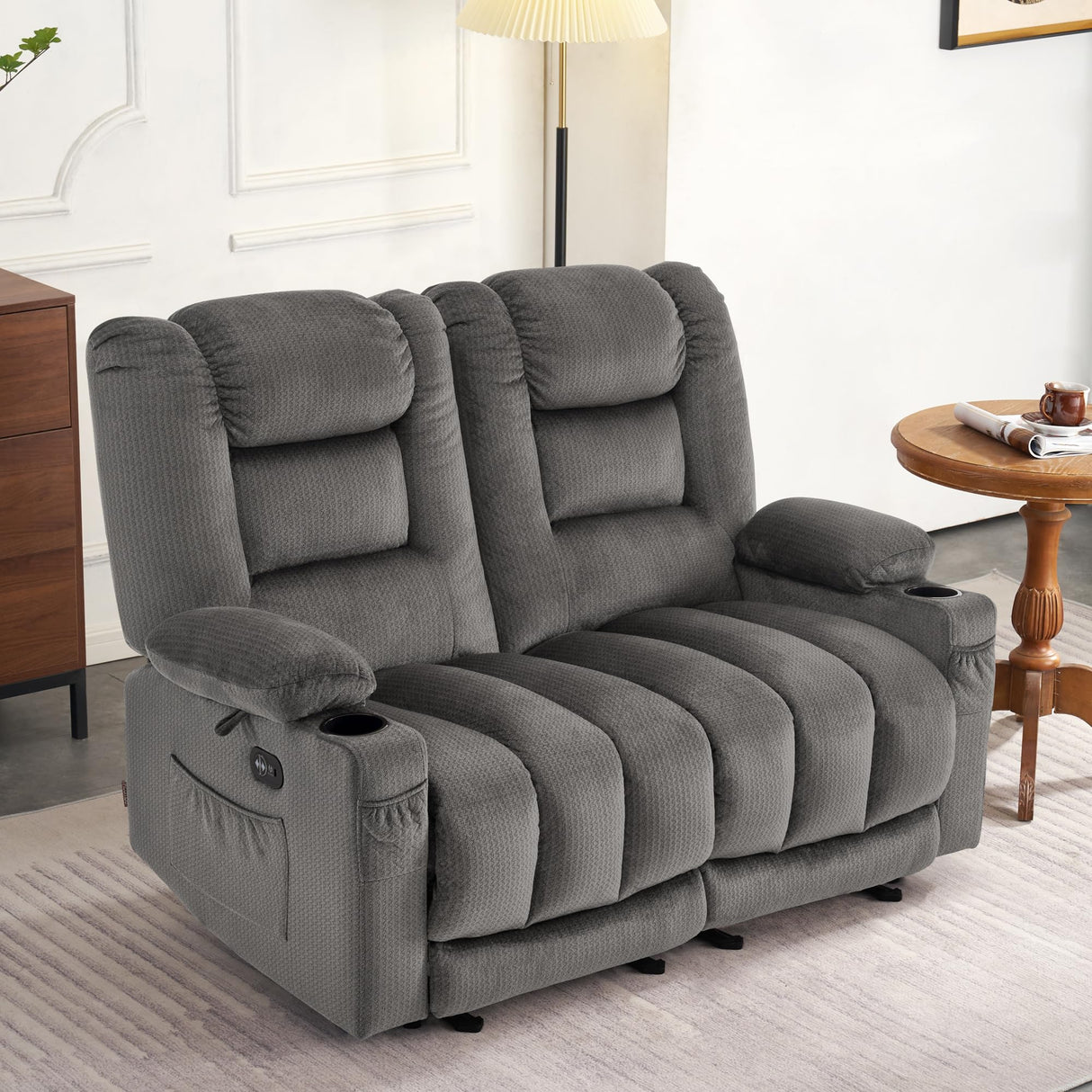 MCombo 55.9" Power Loveseat Recliner with Heat and Vibration, Fabric Electric Loveseat Recliner, USB Charge Port, Cup Holders for Living Room PR648 (Grey) MCombo