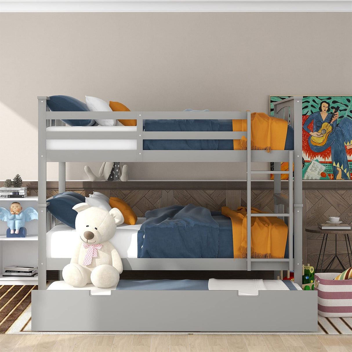 MERITLINE Bunk Bed Full Over Full, Wood Bunk Bed with Twin Size Trundle Bed and Ladder, Space Saving Design Bedroom Furniture (Gray) MERITLINE