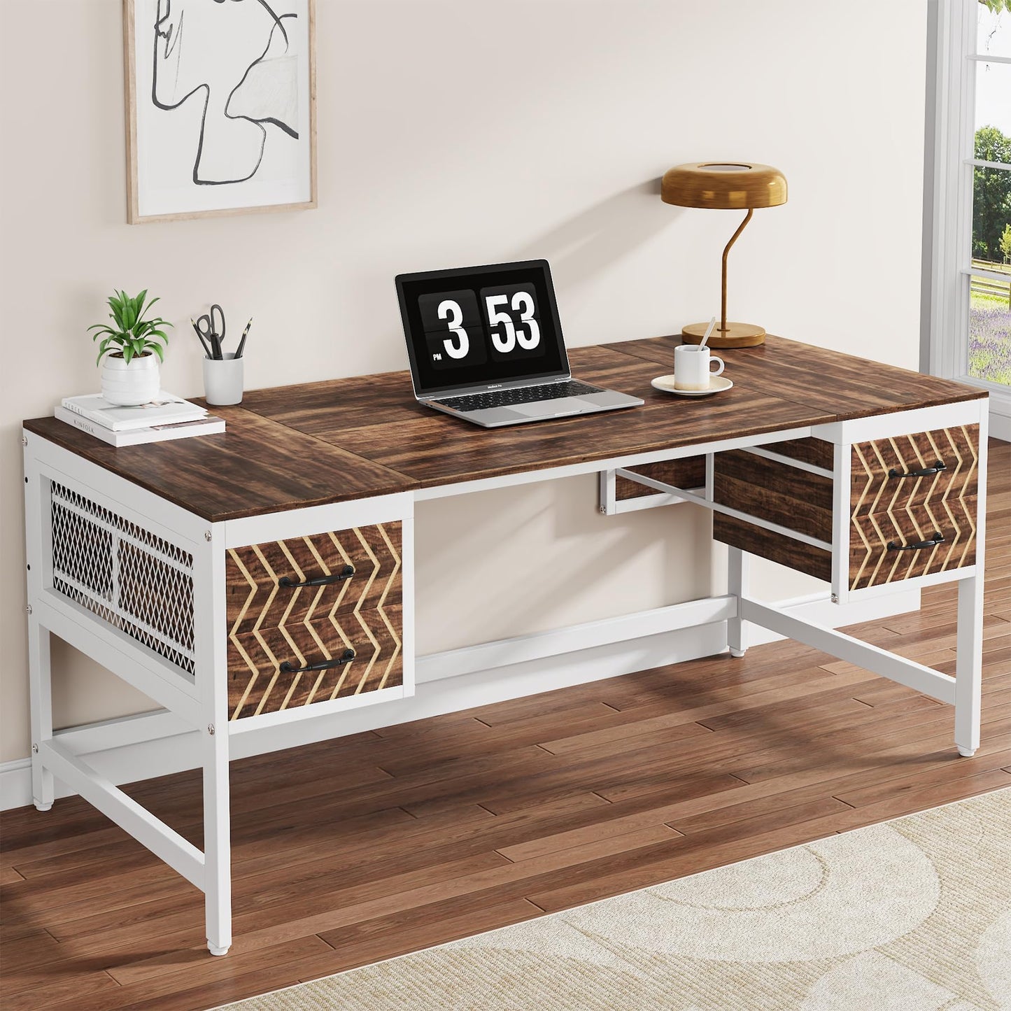 Tribesigns Computer Executive Desk with Drawers: Wood 63" Computer Desk with 4 Storage Drawers, Farmhouse Study Writing Table, Herringbone Business Furniture for Home Office, Brown and White - WoodArtSupply