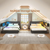 Hasuit Corner Full Lift Up Storage Bed Frame with Charging Station & LED Lights, Full Day Bed with Upholstered Headboard and Bookcase, Corner Beds with Hydraulic for Kids Teens Guests, Black Hasuit