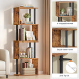 HOOBRO 5-Tier Bookshelf, S-Shaped Geometric Bookcase, Modern Display Shelf, Wooden and Metal Decorative Divider Rack, 2-in-1 Folding Bookshelf for Office, Living Room, Rustic Brown and Black BF20SJ01 HOOBRO