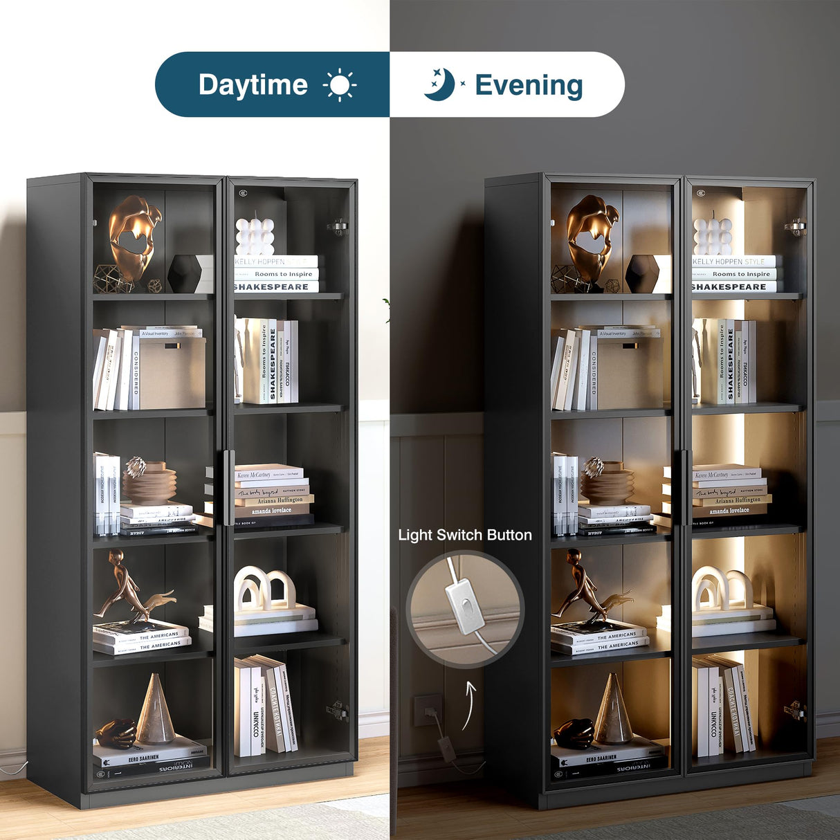 MIIIKO 63" Grey Glass Door Display Cabinet with 5 Shelves for Curios and Collectibles MIIIKO