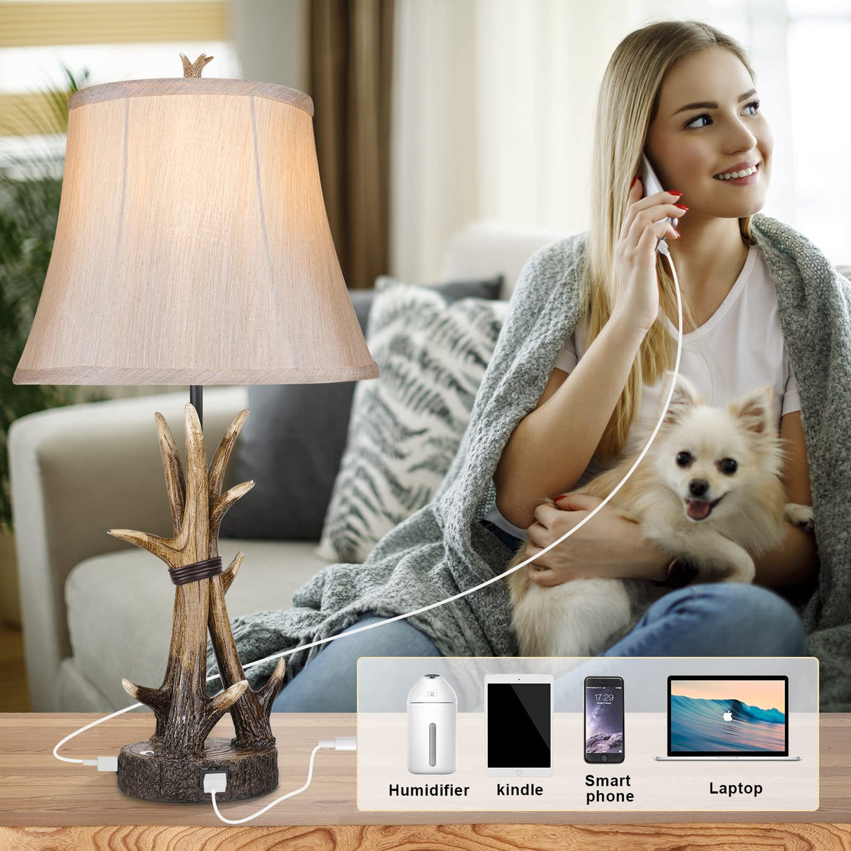 Rustic Table Lamps for Living Room Set of 2, Farmhouse Antler Western Bedside Lamp for Bedroom with 2 USB Charging Port, 3-Way Dimmable Resin Nightstand Lamps with Shade Decor, LED Bulbs Included Hamucd