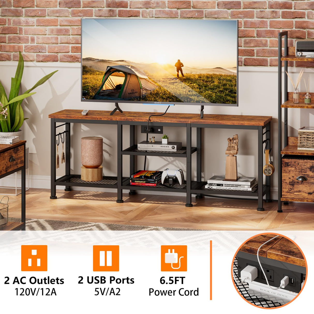 Furologee TV Stand with Power Outlets, Entertainment Center with Open Storage Shelves for TVs up to 55 Inch, TV Media Console Table with Soundbar Shelf for Living Room, Bedroom, Rustic Brown Furologee
