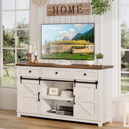 LUXOAK Farmhouse TV Stand with Sliding Barn Door & Drawer, 59" Rustic Entertainment Center for TVs up to 65", Buffet Storage Cabinet for Living Room, Bedroom, Dinning Room, White+Barnwood - WoodArtSupply