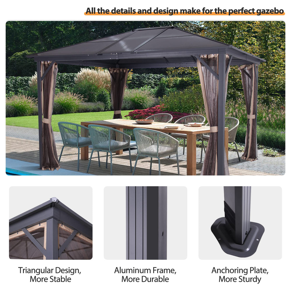 GARTOO 14' x 12' Polycarbonate Hardtop Aluminum Patio Gazebo with Skylight - Outdoor Heavy Duty Gazebo with Breathable Netting for Garden, Poolside, Deck, Patio GARTOO