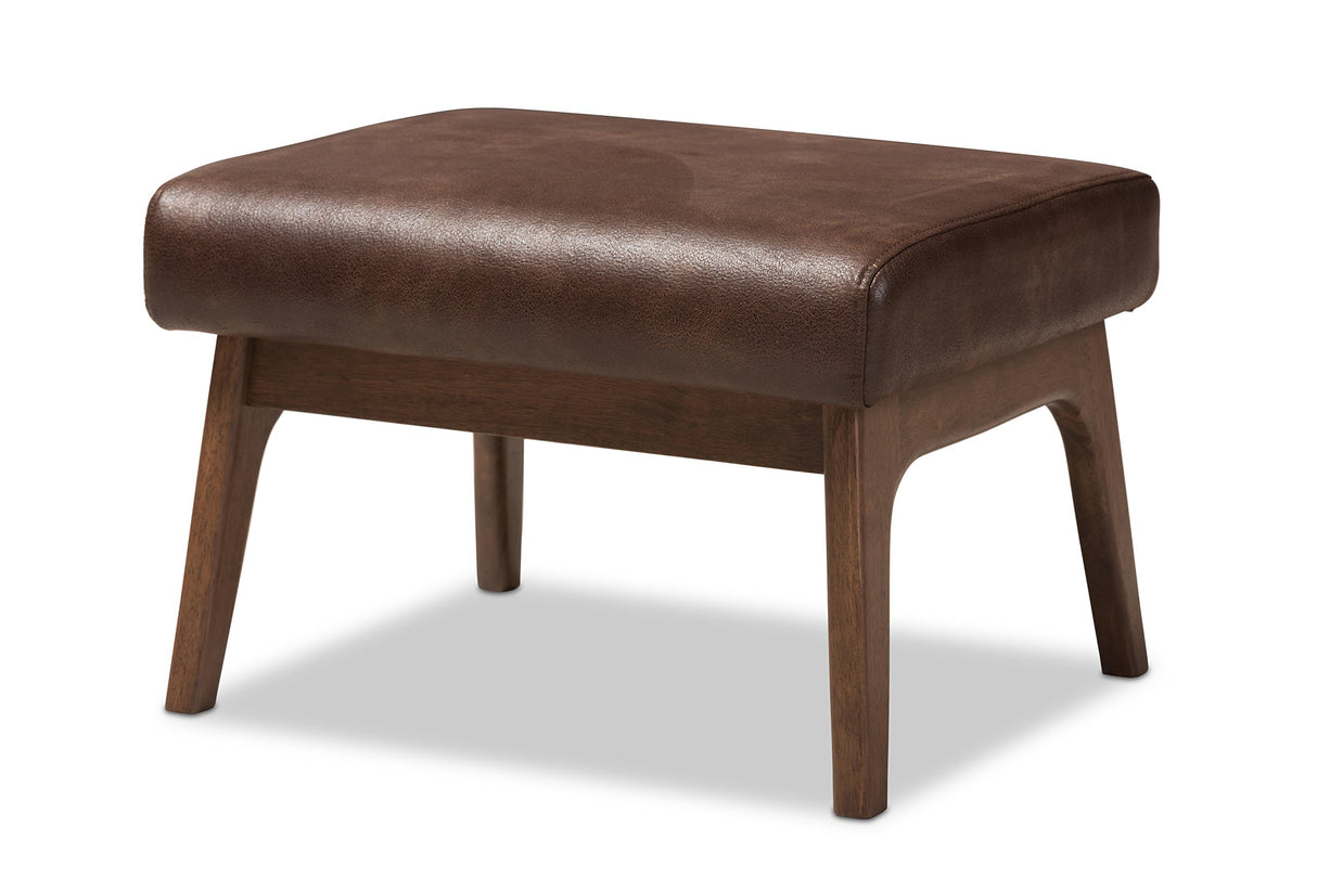 Baxton Studio Birk Mid-Century Modern Walnut Wood Dark Brown Distressed Faux Leather Ottoman Baxton Studio