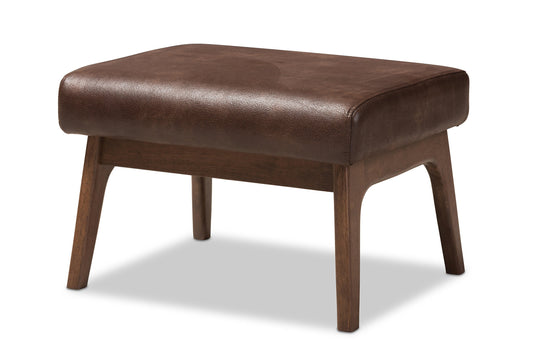 Baxton Studio Birk Mid-Century Modern Walnut Wood Dark Brown Distressed Faux Leather Ottoman