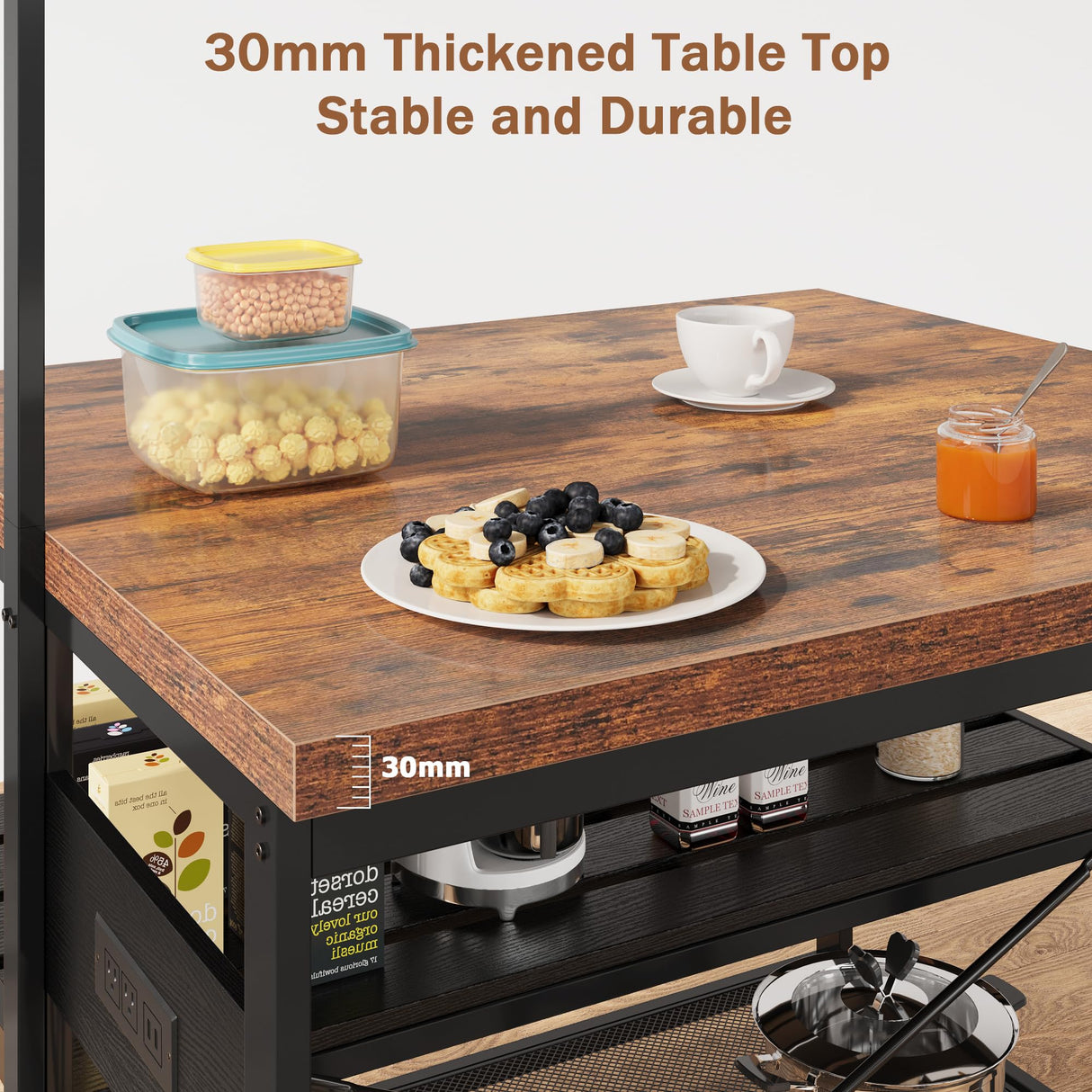 Kitchen Island with Storage, Bakers Rack with Power Outlet, Island Table for Kitchen,3 Tier Microwave Stand Oven Shelf,Large Coffee Bar Table, Storage Shelf for Kitchen Dining Room Living Room,5 Hooks GAOMON