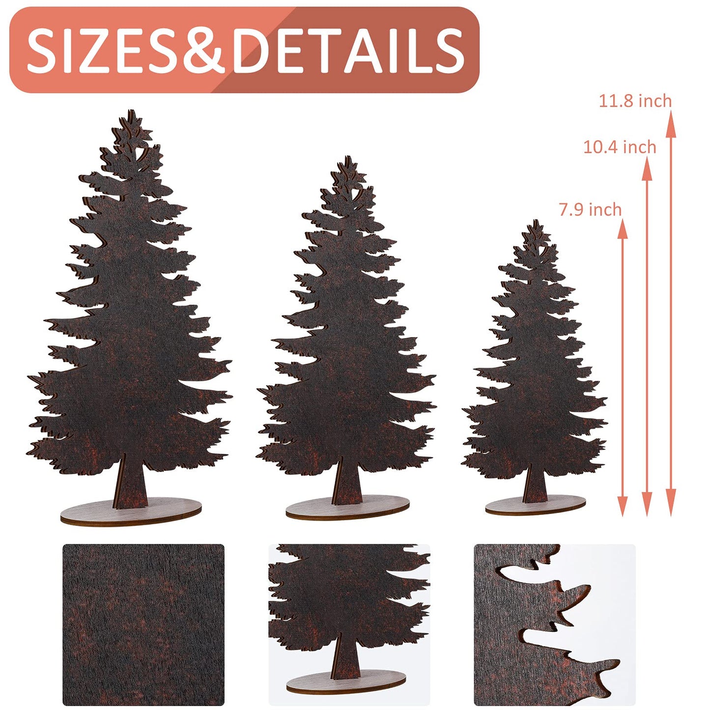 Blulu 3 Pieces Wood Table Christmas Tree Miniature Pine Trees Mini Christmas Tree Artificial Trees Wood Tabletop Decors Christmas Decorations with Wooden Base for Holiday Party(Burlywood)