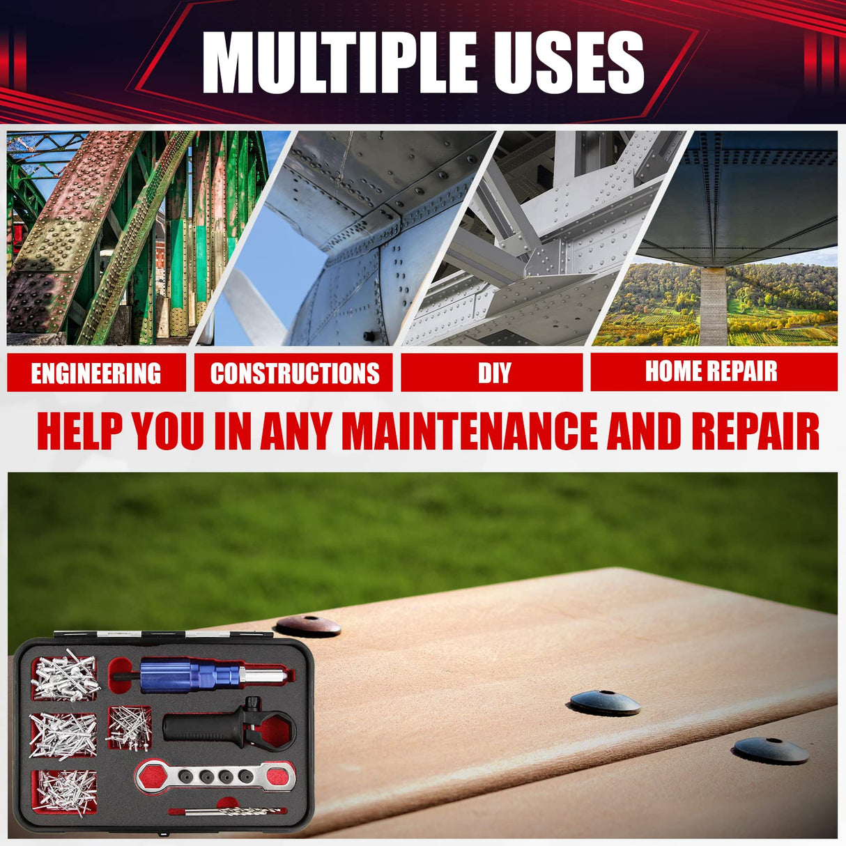 wesleydrill Rivet Gun Adapter Kit,Professional Riveting Insert Nut Hand Tool Kit,2.4/3.2/4.0/4.8mm Diameter Rivet Head, Aluminum Housing, Fit for Cordless Drill,Sheet Metal Work wesleydrill